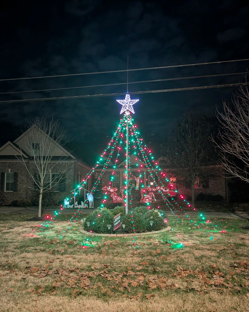Tall tree wrapped in red, green and white lights with a star on top