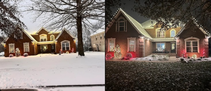 Brick home with Christmas lights, shown in the snow and at night