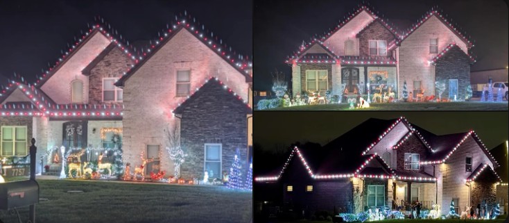 Brick and stone home with red and white lights on every gable, shown from three angles